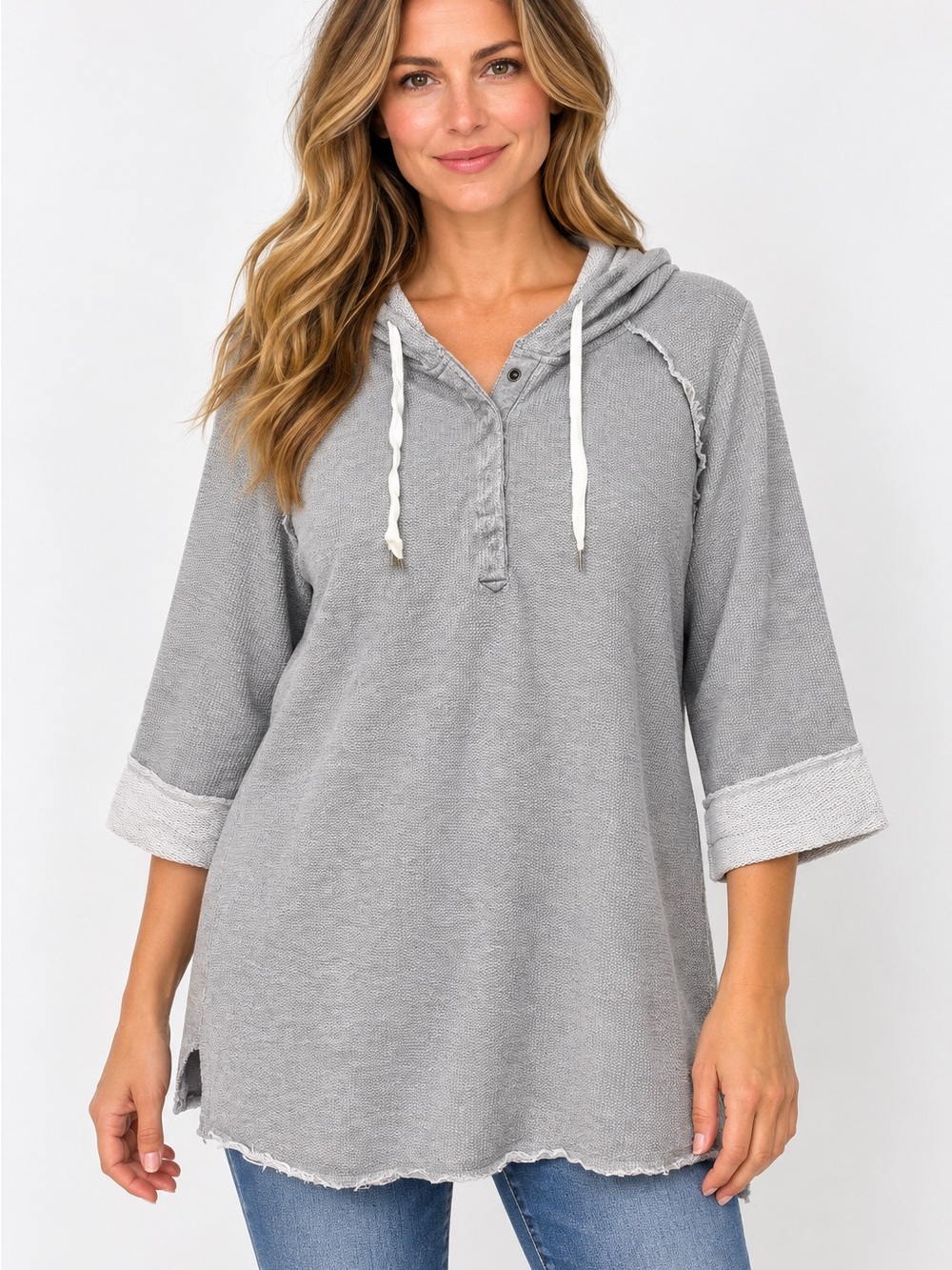 Soft Surroundings Gray Cotton Hooded Tunic Top XL Raw Edge 3/4 Sleeve